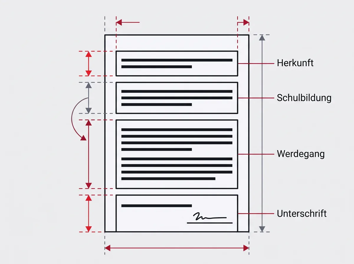 Der Aufbau eines ausführlichen Lebenslaufs von oben nach unten: Herkunft, Schulbildung, beruflicher Werdegang und die Unterschrift am Seitenfuß