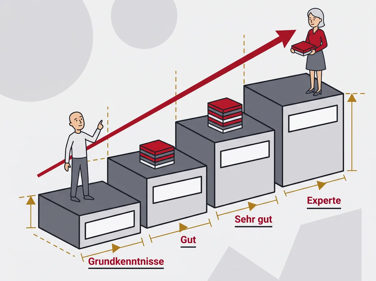 Eine vierstufige Treppe von Grundkenntnissen über gute und sehr gute Kenntnisse bis zu Expertenkenntnissen, mit wachsenden Stapeln von Programmkacheln