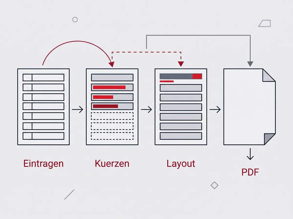 Vier Schritte vom leeren Editor zur fertigen Datei: eintragen, kürzen, Layout wählen, als PDF herunterladen