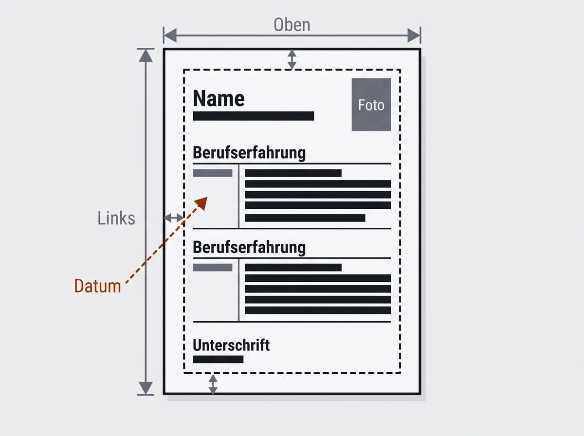 Eine Lebenslauf-Seite mit markierten Seitenrändern, Fotobereich, Datumsspalte und Unterschrift
