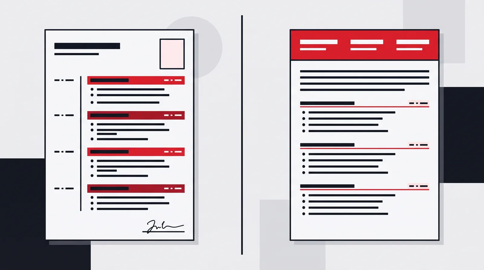 Zwei Seiten im Vergleich: links ein deutscher Lebenslauf mit Portraitrahmen, schmaler Datumsspalte und Unterschriftenzeile, rechts ein englisches CV ohne Bild, ohne Unterschrift und mit einem kurzen Profiltext unter dem Kopfbereich
