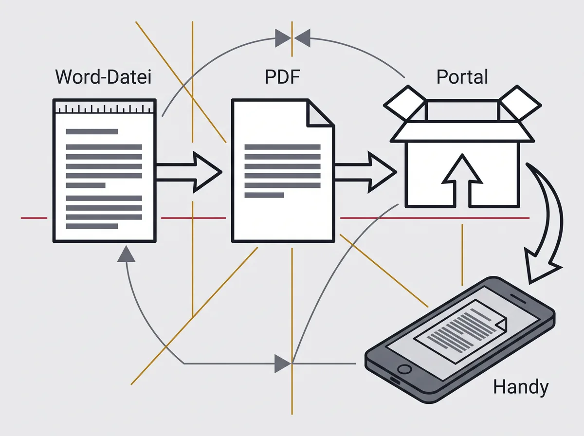 Der Weg vom Word-Dokument über den Export zur PDF-Datei, weiter in das Bewerbungsportal und zur letzten Kontrolle auf dem Handy