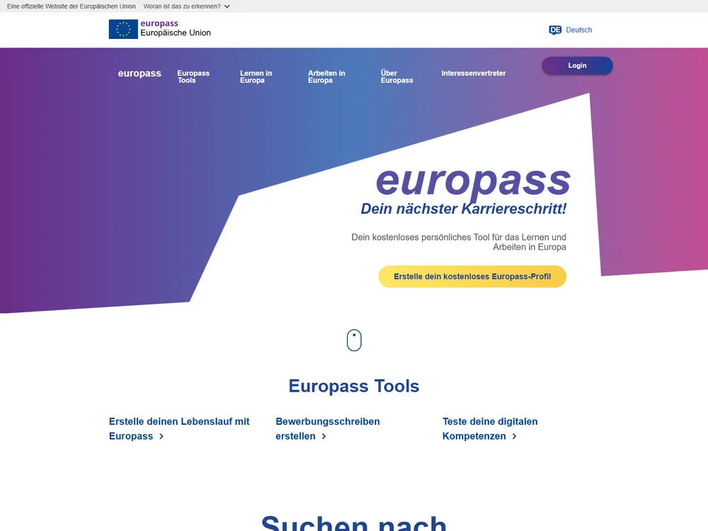 Screenshot of the Europass website