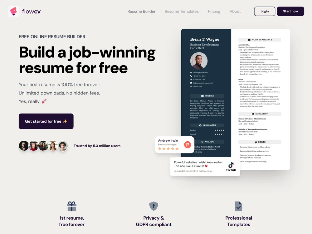 Screenshot of the FlowCV website