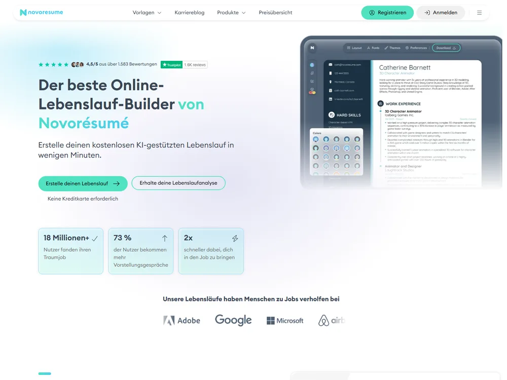 Screenshot of the Novoresume website